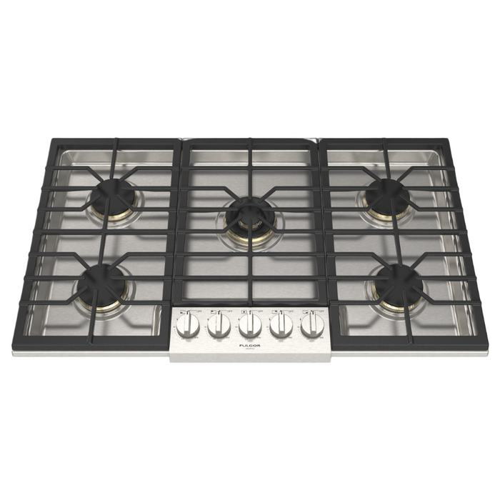 Fulgor Milano 36-Inch Pro Built-In Gas Cooktop, 600 Series, 5 Brass Burners (1 Crescendo Dual Ring + 4 Stacked Burners), Halo Backlit Knobs, Stainless Steel Finish