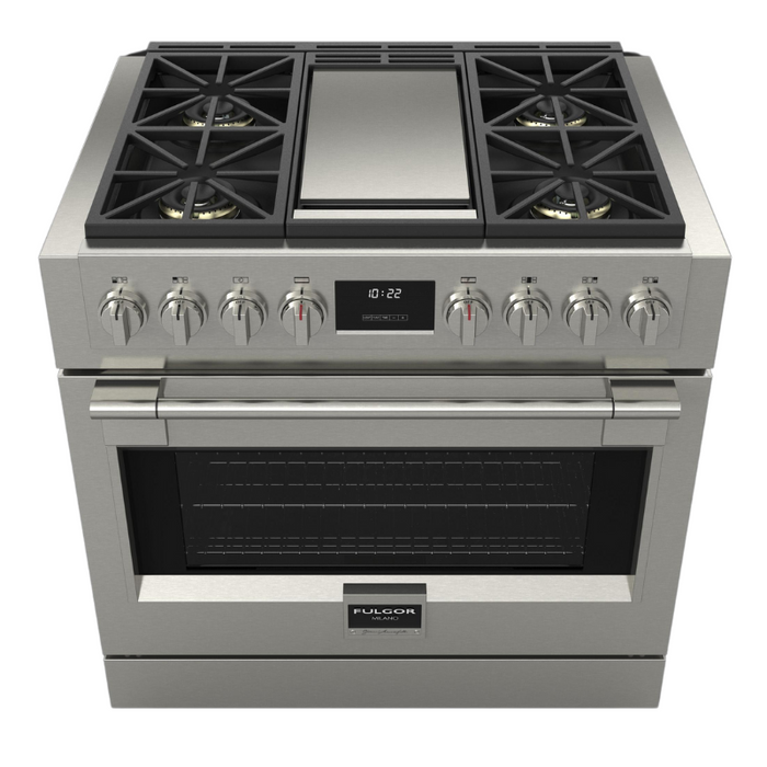 Fulgor Milano Sofia Pro 36-Inch Freestanding All-Gas Range, 600 Series, 4 Crescendo Dual Ring Brass Burners, Gas-Powered Trilaminate Griddle, Soft-Close Door