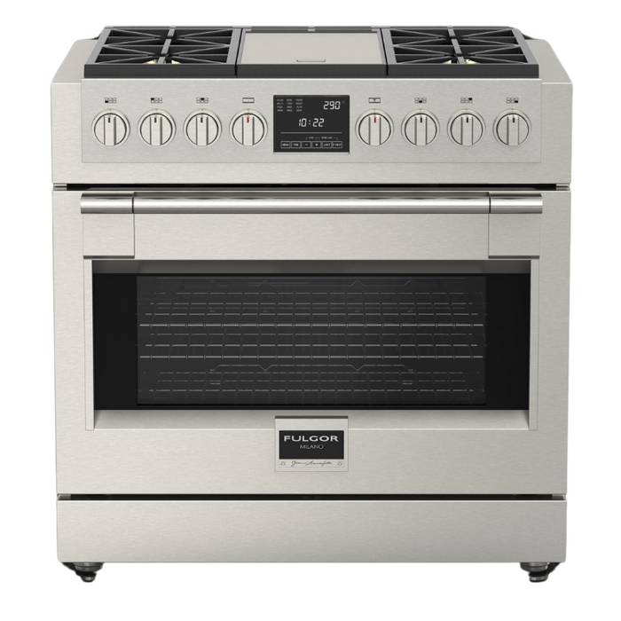 Fulgor Milano Sofia Pro 36-Inch Freestanding Dual Fuel Range, 600 Series, 4 Crescendo Dual Ring Brass Burners, Gas-Powered Trilaminate Griddle, Self-Clean, Soft-Close Door
