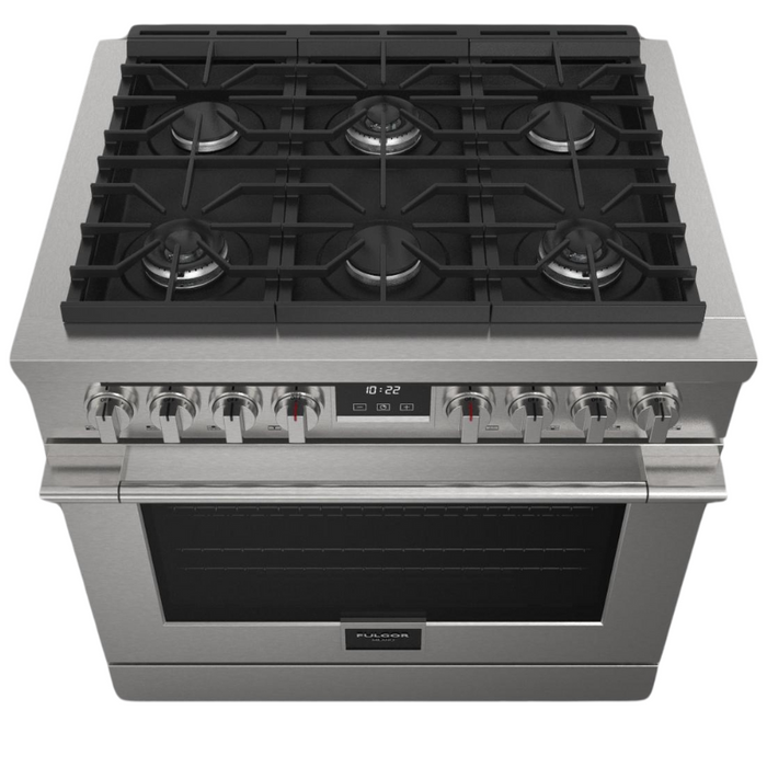 Fulgor Milano Accento Pro 36-Inch Freestanding All-Gas Range, 400 Series, 6 Burners (3 Crescendo Dual Ring Burners + 3 Sealed Burners)