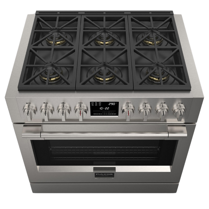 Fulgor Milano Sofia Pro 36-Inch Freestanding Dual Fuel Range, 600 Series, 6 Crescendo Dual Ring Brass Burners, Self-Clean, Soft-Close Door