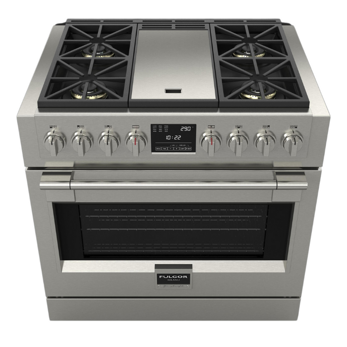 Fulgor Milano Sofia Pro 36-Inch Freestanding Dual Fuel Range, 600 Series, 4 Crescendo Dual Ring Brass Burners, Gas-Powered Trilaminate Griddle, Self-Clean, Soft-Close Door