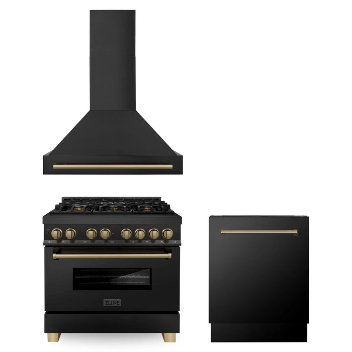 ZLINE Autograph Edition 30", 36", & 48" Black Stainless Steel Dual Fuel Range, Convertible Vent Range Hood, and Dishwasher Kitchen Package with Champagne Bronze Accents