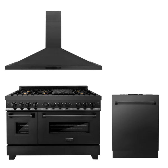 ZLINE 48" 3-Piece Kitchen Package in Black Stainless Steel – Dual Fuel Range, Convertible Vent Range Hood, and Dishwasher