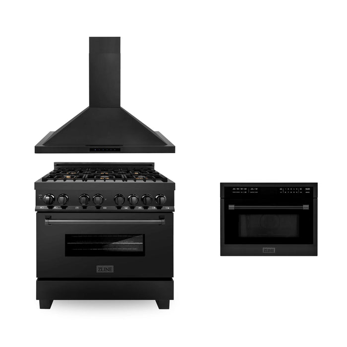 ZLINE 30" Kitchen Package with Black Stainless Steel Dual Fuel Range, Convertible Vent Range Hood, and 24" Microwave Oven
