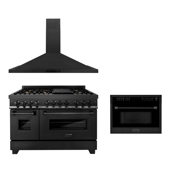 ZLINE 30" Kitchen Package with Black Stainless Steel Dual Fuel Range, Convertible Vent Range Hood, and 24" Microwave Oven