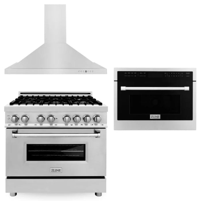 ZLINE 30" & 36" Kitchen Packages with Stainless Steel Dual Fuel Range, Convertible Vent Range Hood, and 24" Microwave Oven