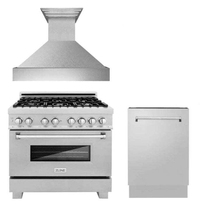 ZLINE 30", 36" & 48" Kitchen Packages with Satin Stainless Steel Dual Fuel Range, Convertible Vent Range Hood, and Tall Tub Dishwasher