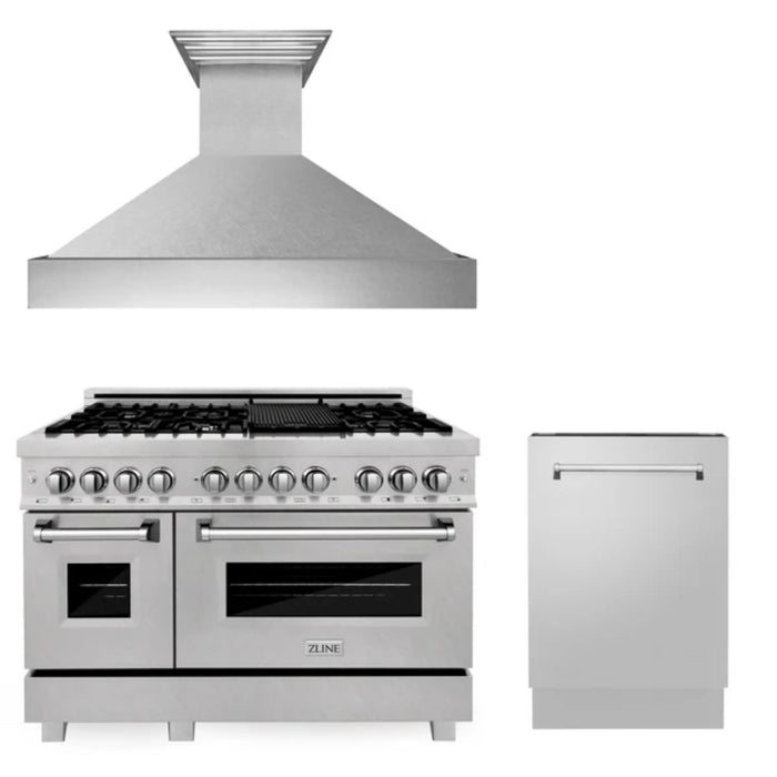 ZLINE 30", 36" & 48" Kitchen Packages with Satin Stainless Steel Dual Fuel Range, Convertible Vent Range Hood, and Tall Tub Dishwasher