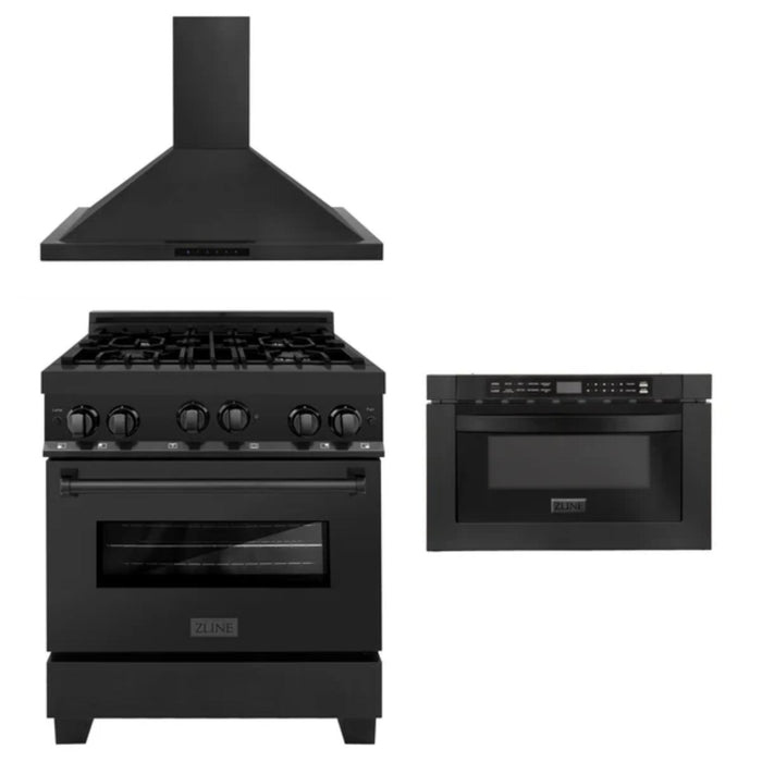 ZLINE 30" & 36" Kitchen Packages with Black Stainless Steel Gas Range, Convertible Vent Range Hood, and Microwave Drawer.