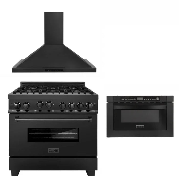 ZLINE 30" & 36" Kitchen Packages with Black Stainless Steel Gas Range, Convertible Vent Range Hood, and Microwave Drawer.