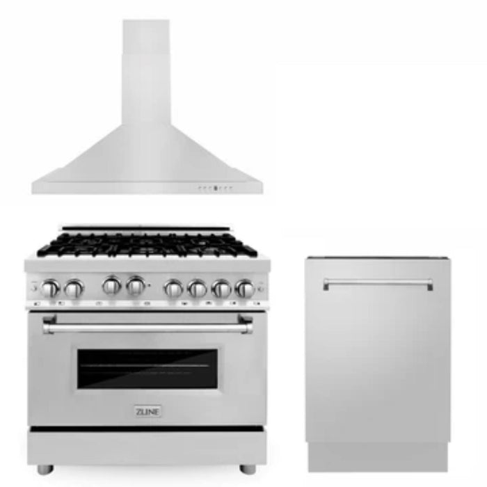 ZLINE 30" & 36" Kitchen Packages with Black Stainless Steel Gas Range, Convertible Vent Range Hood, and 3-Rack Dishwasher