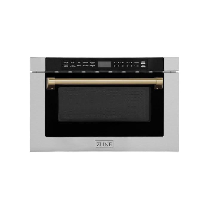 ZLINE 24" Autograph Edition  1.2 cu. ft. Built-in Microwave Drawer in Stainless Steel with Champagne Bronze Accents and Traditional Handle