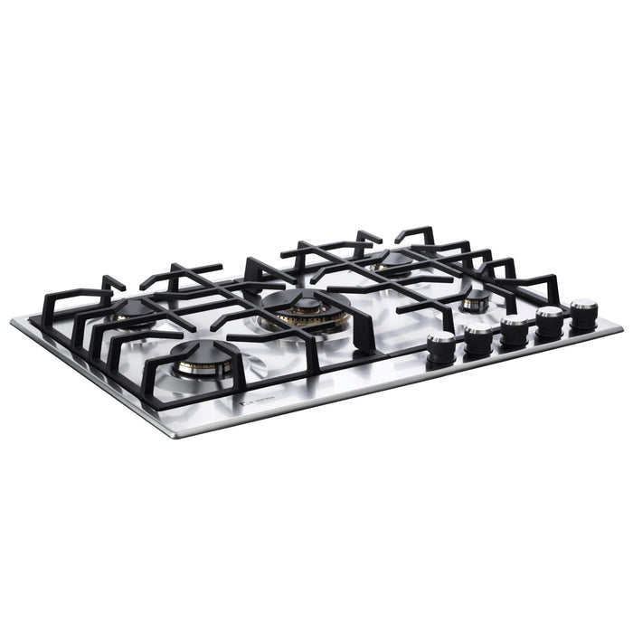Verona 30-Inch Designer Series Stainless Steel Gas Cooktop with 5 Brass Burners, Continuous Grates and Ergonomic Soft Touch Knobs