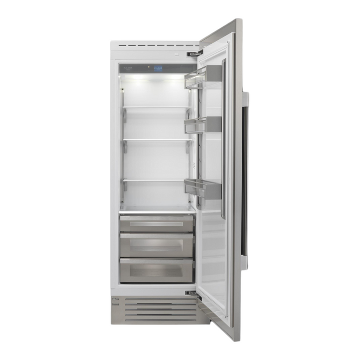 Fulgor Milano 17.44 cu.ft Pro Column Refrigerator, 700 Series, RH, Stainless Cladded, Bottom Compressor, Metal Interior, Stainless Soft-Closing Crispers, Includes Pro Handle & Badge Accessory