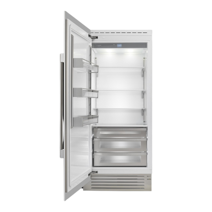 Fulgor Milano 21.54 cu.ft Pro Integrated Column Refrigerator, 700 Series, LH, Overlay, Bottom Compressor, Metal Interior, Soft-Closing Stainless Crispers