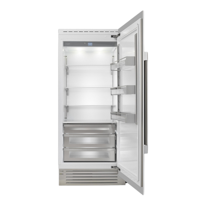 Fulgor Milano 21.54 cu.ft Pro Integrated Column Refrigerator, 700 Series, RH, Overlay, Bottom Compressor, Metal Interior, Soft-Closing Stainless Crispers