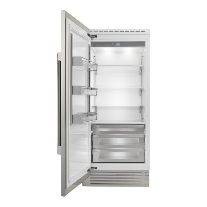 Fulgor Milano 21.54 cu.ft Pro Column Refrigerator, 700 Series, LH, Stainless Cladded, Bottom Compressor, Metal Interior, Stainless Soft-Closing Crispers, Includes Pro Handle & Badge Accessory
