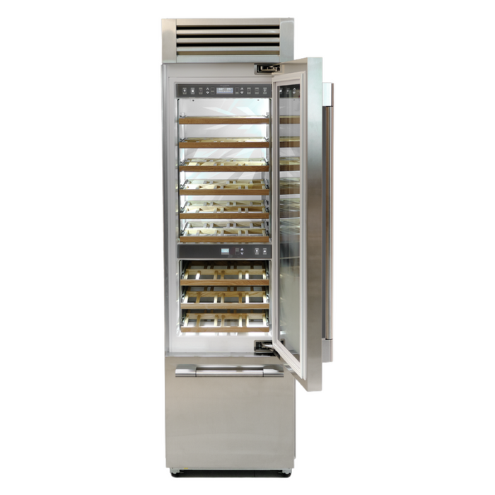 Fulgor Milano 24-Inch Pro Wine/Freezer, 700 Series, RH, Stainless Cladded Top Compressor Unit, Pro Badge, Handle, Single Convertible Bottom Drawer, 3 Temp Zones, White Interior, No Ice Maker
