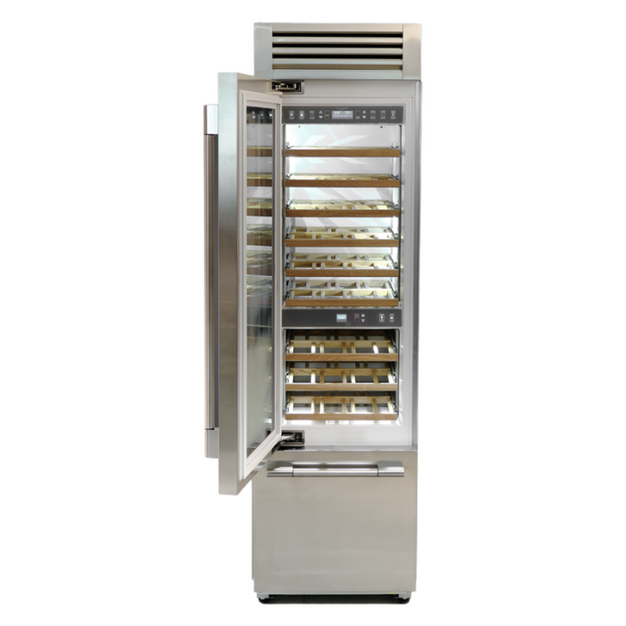 Fulgor Milano 24-Inch Pro Wine/Freezer, 700 Series, LH, Stainless Cladded Top Compressor Unit, Pro Badge, Handle, Single Convertible Bottom Drawer, 3 Temp Zones, White Interior, No Ice Maker
