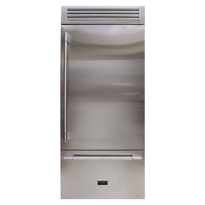 Fulgor Milano 18.5 cu.ft Pro Fridge/Freezer, 700 Series, RH, Stainless Cladded Top Compressor Unit, Pro Badge, Handle, Single Convertible Bottom Drawer, 2 Temp Zones, White Interior, Ice Maker