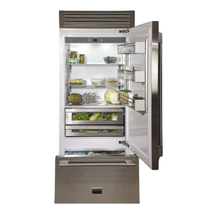Fulgor Milano 18.5 cu.ft Pro Fridge/Freezer, 700 Series, RH, Stainless Cladded Top Compressor Unit, Pro Badge, Handle, Single Convertible Bottom Drawer, 2 Temp Zones, White Interior, Ice Maker