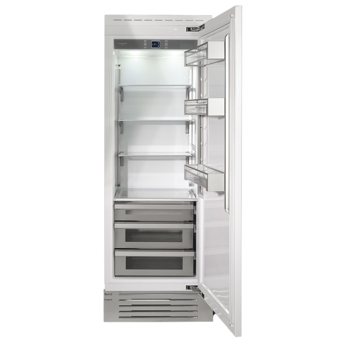 Fulgor Milano 13.03 cu.ft Pro Integrated Column Refrigerator, 700 Series, RH, Overlay, Bottom Compressor, Metal Interior, Soft-Closing Stainless Crispers