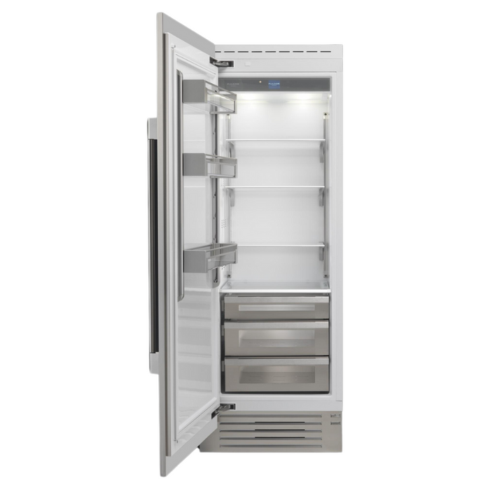 Fulgor Milano 13.03 cu.ft  Pro Integrated Column Refrigerator, 700 Series, LH, Overlay, Bottom Compressor, Metal Interior, Soft-Closing Stainless Crispers