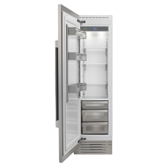 Fulgor Milano 13.03 cu.ft Pro Column Refrigerator, 700 Series, LH, Stainless Cladded, Bottom Compressor, Metal Interior, Stainless Soft-Closing Crispers, Includes Pro Handle & Badge Accessory
