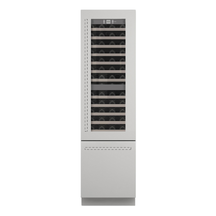Fulgor Milano 24-Inch Pro Integrated Wine/Freezer, 700 Series, RH, Overlay, Bottom Compressor Unit, Single Convertible Bottom Drawer, 3 Temp Zones, White Interior, No Ice Maker