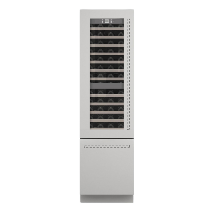 Fulgor Milano 24-Inch Pro Integrated Wine/Freezer, 700 Series, LH, Overlay, Bottom Compressor Unit, Single Convertible Bottom Drawer, 3 Temp Zones, White Interior, No Ice Maker
