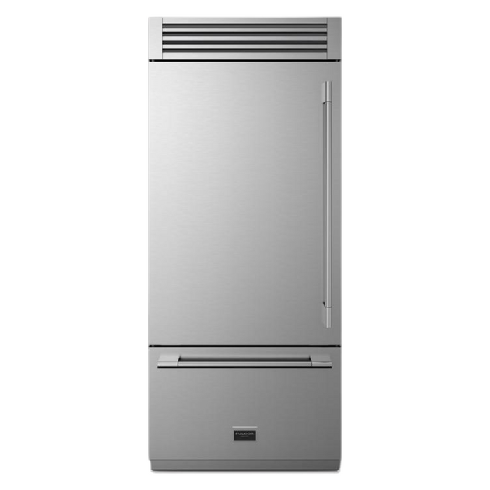 Fulgor Milano 18.5 cu.ft Pro Fridge/Freezer, 700 Series, LH, Stainless Cladded Top Compressor Unit, Pro Badge, Handle, Single Convertible Bottom Drawer, 2 Temp Zones, White Interior, Ice Maker