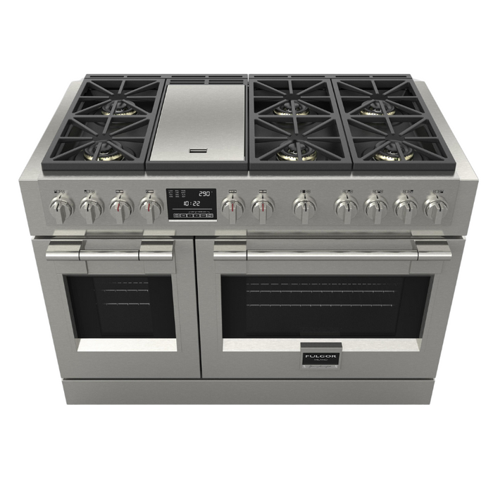 Fulgor Milano Sofia Pro 48-Inch Freestanding Dual Fuel Range, 600 Series, 6 Crescendo Dual Ring Brass Burners, Gas-Powered Trilaminate Griddle, 30-Inch Primary Oven, 18-Inch Companion Oven, Self-Clean, Soft-Close Door