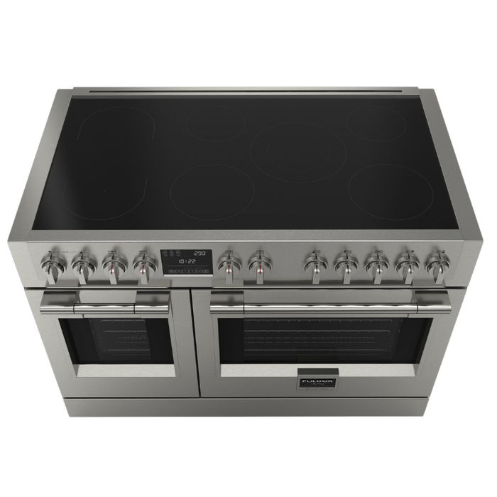 Fulgor Milano Sofia Pro 48-Inch Freestanding Induction Range, 600 Series, 7 Quantum Induction Burners (5 Zones + 2-Zone Bridge), 30-Inch Primary Oven, 18-Inch Companion Oven, Self-Clean, Soft-Close Door