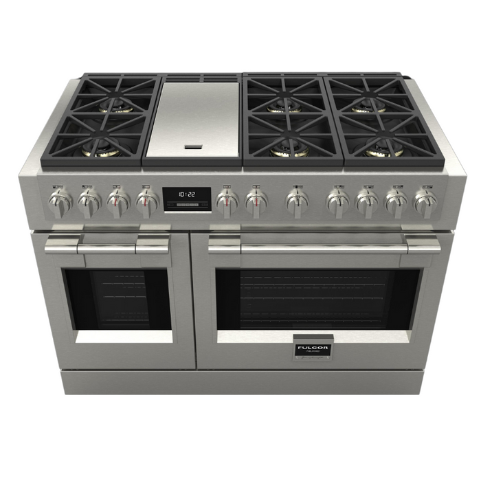 Fulgor Milano Sofia Pro 48-Inch Freestanding All-Gas Range, 600 Series, 6 Crescendo Dual Ring Brass Burners, Gas-Powered Trilaminate Griddle, 30-Inch Primary Oven, 18-Inch Companion Oven, Self-Clean, Soft-Close Door