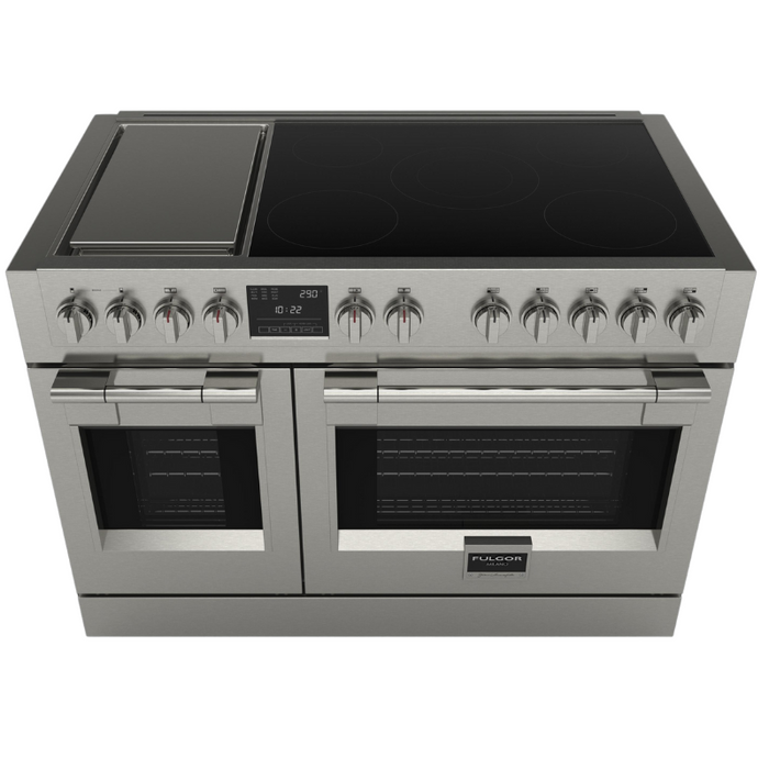 Fulgor Milano Sofia Pro 48-Inch Freestanding Induction Range, 600 Series, 5 Quantum Induction Burners, 2-Zone Quantum Induction Trilaminate Griddle, 30-Inch Primary Oven, 18-Inch Companion Oven, Self-Clean, Soft-Close Door