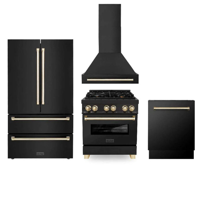 ZLINE Autograph Edition 30", 36", & 48" Black Stainless Steel 4-Piece Kitchen Package with Dual Fuel Range, Range Hood, Dishwasher, and Refrigerator—Polished Gold Accents