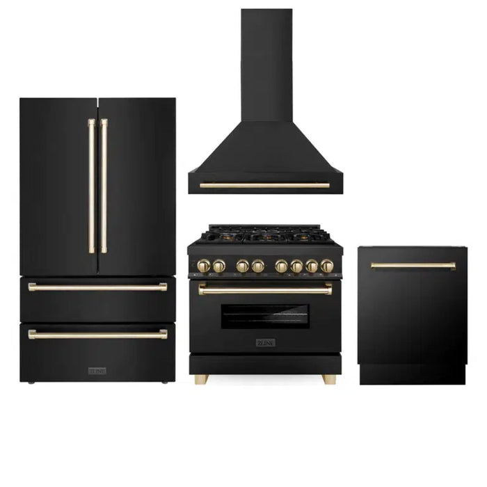 ZLINE Autograph Edition 30", 36", & 48" Black Stainless Steel 4-Piece Kitchen Package with Dual Fuel Range, Range Hood, Dishwasher, and Refrigerator—Polished Gold Accents