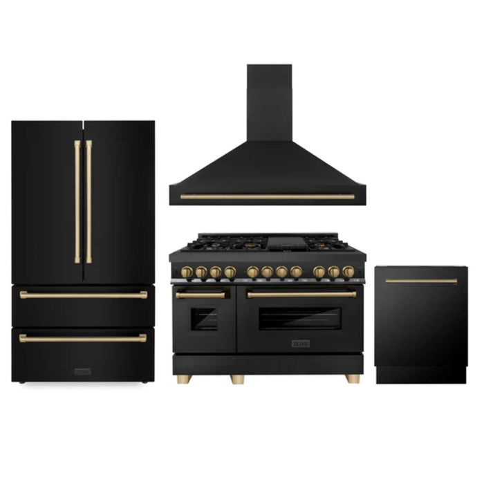 ZLINE Autograph Edition Kitchen Packages with Black Stainless Steel Range, Range Hood, Dishwasher, and Refrigerator with Champagne Bronze Accents
