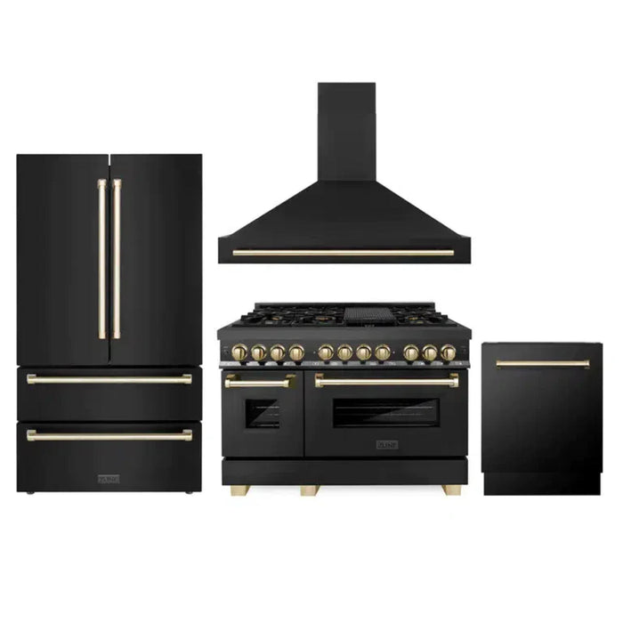 ZLINE Autograph Edition 30", 36", & 48" Black Stainless Steel 4-Piece Kitchen Package with Dual Fuel Range, Range Hood, Dishwasher, and Refrigerator—Polished Gold Accents