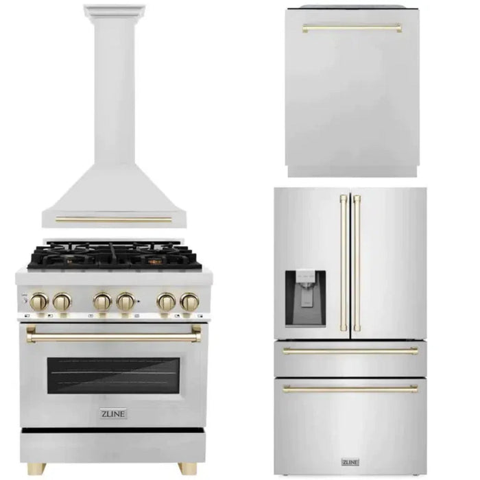 ZLINE Autograph Edition 30", 36", & 48" Stainless Steel 4-Piece Kitchen Package with Polished Gold Accents—Dual Fuel Range, Wall Mount Range Hood, Dishwasher, and Refrigerator.