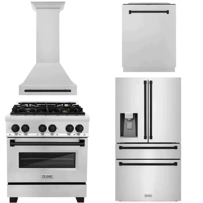 ZLINE Autograph Edition 30", 36", & 48" Stainless Steel 4-Piece Kitchen Package with Matte Black Accents—Dual Fuel Range, Wall Mount Range Hood, Dishwasher, and Refrigerator.
