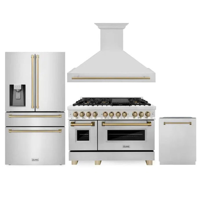 ZLINE Autograph Edition 30", 36", & 48" Stainless Steel 4-Piece Kitchen Package with Champagne Bronze Accents—Dual Fuel Range, Range Hood, Dishwasher, Refrigerator.