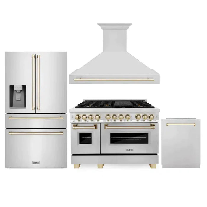 ZLINE Autograph Edition 30", 36", & 48" Stainless Steel 4-Piece Kitchen Package with Polished Gold Accents—Dual Fuel Range, Wall Mount Range Hood, Dishwasher, and Refrigerator.