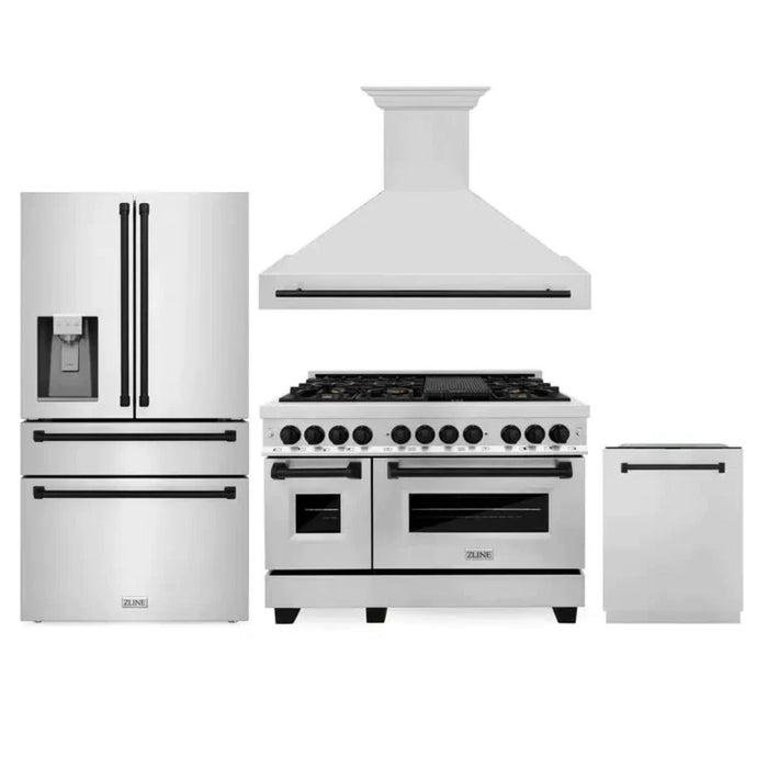 ZLINE Autograph Edition 30", 36", & 48" Stainless Steel 4-Piece Kitchen Package with Matte Black Accents—Dual Fuel Range, Wall Mount Range Hood, Dishwasher, and Refrigerator.