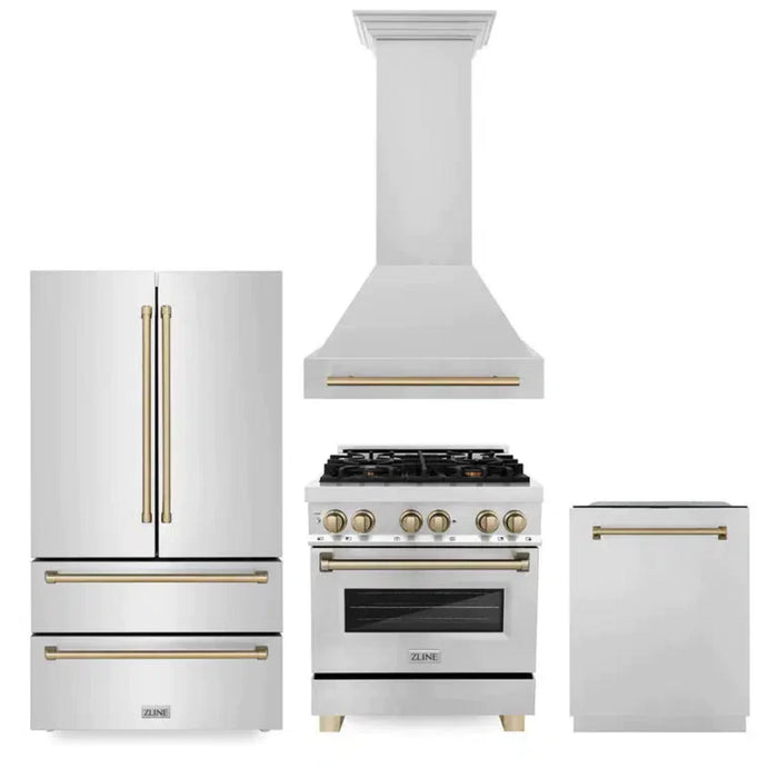 ZLINE Autograph Edition 30", 36", & 48" Stainless Steel 4-Piece Kitchen Package with Champagne Bronze Accents.