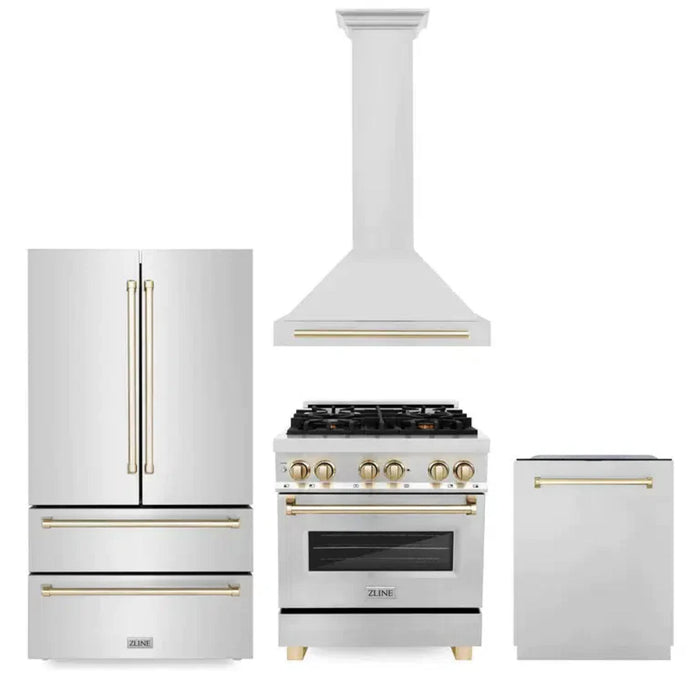 ZLINE Autograph Edition 30", 36", & 48" Stainless Steel 4-Piece Kitchen Package with Polished Gold Accents—Dual Fuel Range, Wall Mount Range Hood, Dishwasher, and Refrigerator