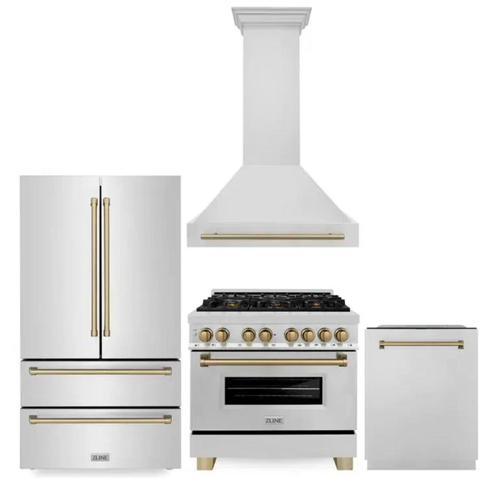 ZLINE Autograph Edition 30", 36", & 48" Stainless Steel 4-Piece Kitchen Package with Champagne Bronze Accents.