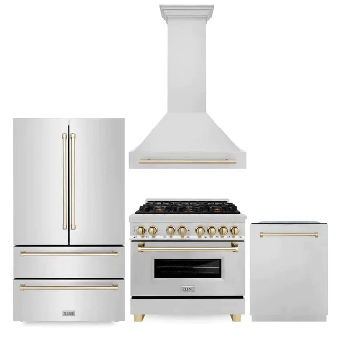 ZLINE Autograph Edition 30", 36", & 48" Stainless Steel 4-Piece Kitchen Package with Polished Gold Accents—Dual Fuel Range, Wall Mount Range Hood, Dishwasher, and Refrigerator