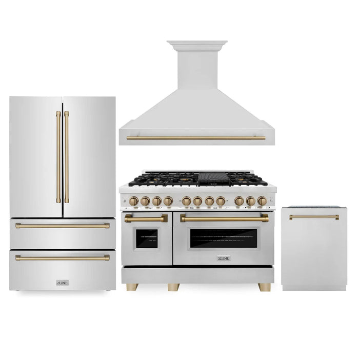 ZLINE Autograph Edition 30", 36", & 48" Stainless Steel 4-Piece Kitchen Package with Champagne Bronze Accents.